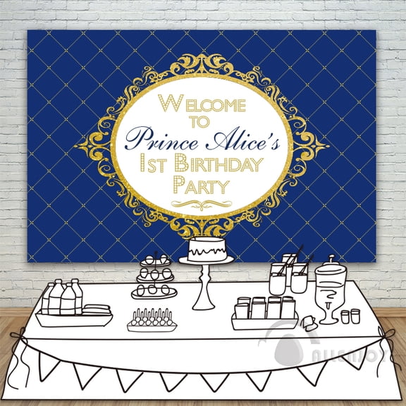 Prince Party Backdrop Baby Shower 1st Birthday Invitation celebration Party Blue Gold Table Banner photocall Background Allenjoy