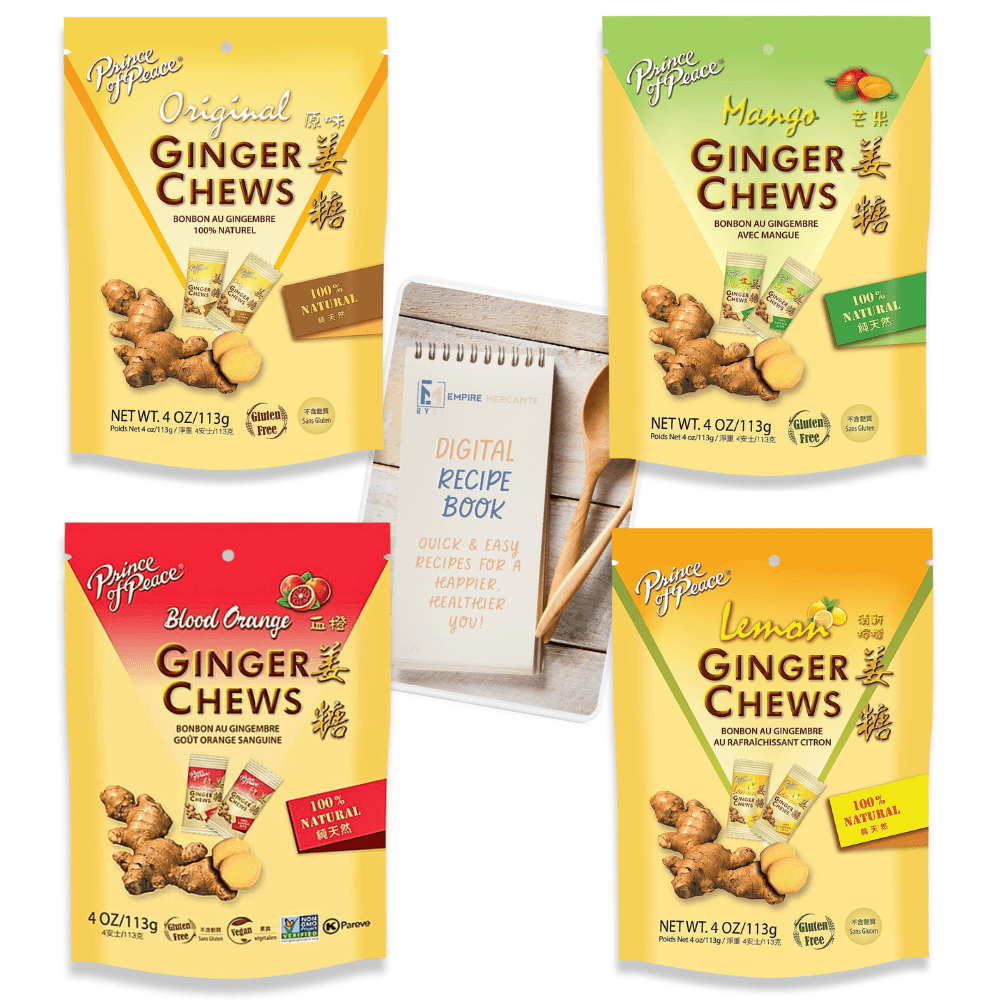 Prince of Peace Ginger Chews Variety Pack of 4 Bundle - 1 of each flavor (Original, Mango, Lemon, Blood Orange) 16 oz total Natural Vegan Gluten free Organic Ginger Chews for Nausea, Morning Sickness