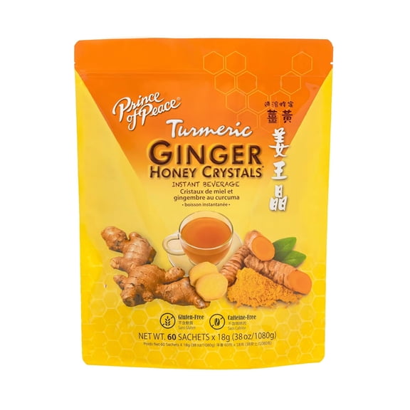Prince of Peace Instant Ginger Honey Crystals with Turmeric, Value Pack 60 Sachets  Instant Hot or Cold Beverage Easy to Brew  Drink Like a Tea  Caffeine and Gluten Free  Real Ginger 38oz (1080g)