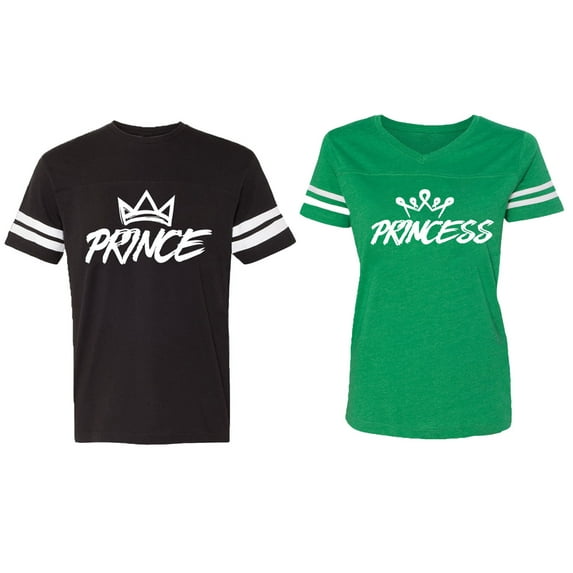 Prince & Princess Matching Couple Cotton Jerseys (Men Black / Women Green) (Men M / Women XL)