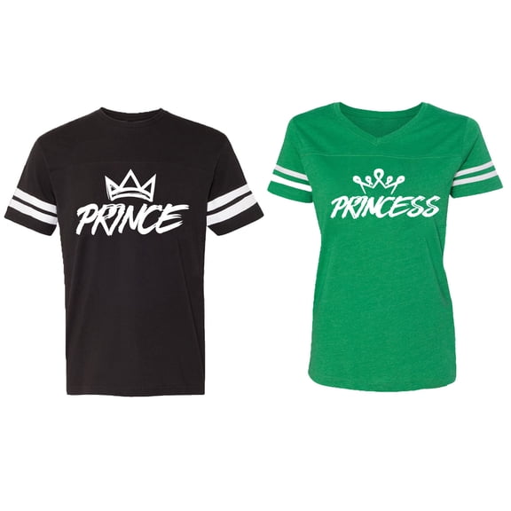 Prince & Princess Matching Couple Cotton Jerseys (Men Black / Women Green) (Men XL / Women S)