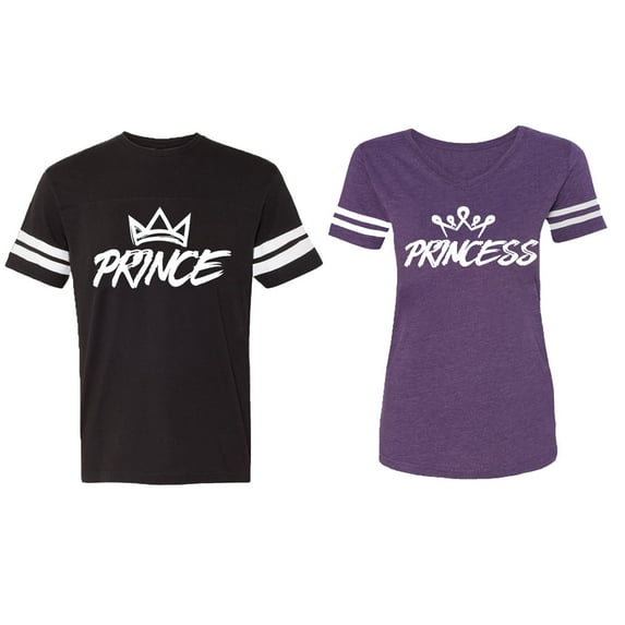Prince & Princess Matching Couple Cotton Jerseys (Men Black / Women Purple) (Men M / Women XL)