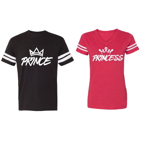 Prince & Princess Matching Couple Cotton Jerseys (Men Black / Women Red) (Men L / Women XXL)