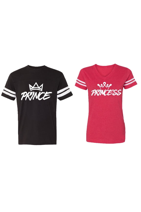 Prince & Princess Matching Couple Cotton Jerseys (Men Black / Women Red) (Men L / Women XXL)