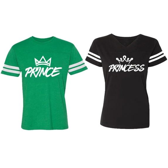 Prince & Princess Matching Couple Cotton Jerseys (Men Green / Women Black) (Men S / Women M)