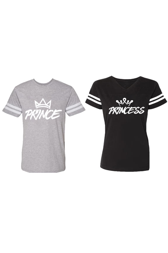 Prince & Princess Matching Couple Cotton Jerseys (Men Heather / Women Black) (Men S / Women S)
