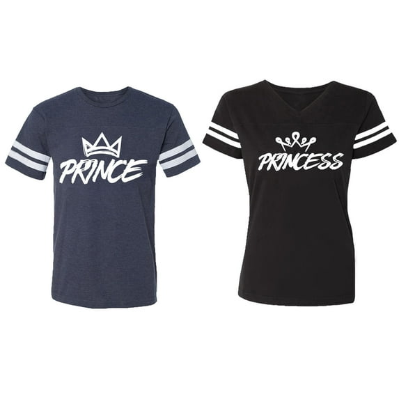 Prince & Princess Matching Couple Cotton Jerseys (Men Navy / Women Black) (Men L / Women S)
