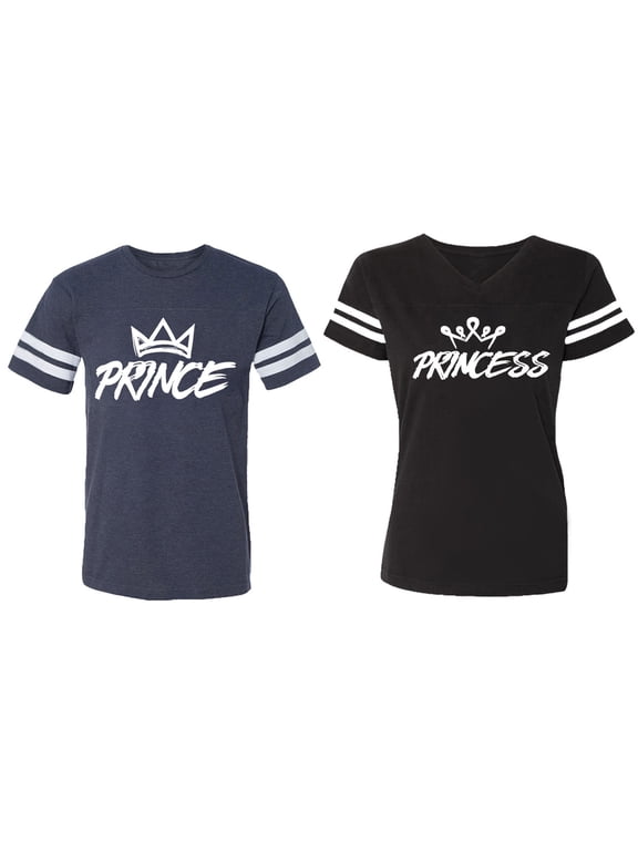 Prince & Princess Matching Couple Cotton Jerseys (Men Navy / Women Black) (Men S / Women S)