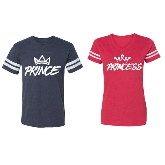 Prince & Princess Matching Couple Cotton Jerseys (Men Navy / Women Red) (Men L / Women XL)