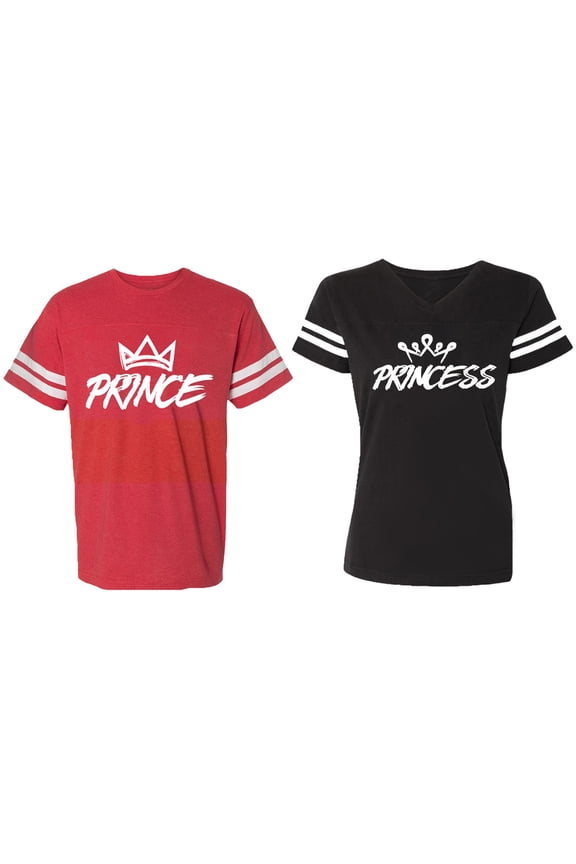 Prince & Princess Matching Couple Cotton Jerseys (Men Red / Women Black) (Men XXL / Women M)
