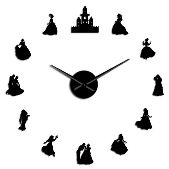 Prince & Princess Silhouettes Frameless Wall Clock Stickers, DIY Modern Decorative Clocks for Living Room, Bedroom, Office - Easy to Install, Large 3D Clock Design (Black,27in)