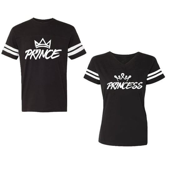 Prince & Princess Unisex Couple Matching Cotton Jersey style T-Shirt Contrasting stripes on sleeves (Men Black / Women Black) (Men S / Women S)