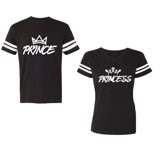 Prince & Princess Unisex Couple Matching Cotton Jersey style T-Shirt Contrasting stripes on sleeves (Men Black / Women Black) (Men S / Women S)
