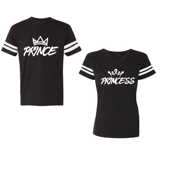 Prince & Princess Unisex Couple Matching Cotton Jersey style T-Shirt Contrasting stripes on sleeves (Men Black / Women Black) (Men XL / Women M)