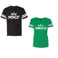 thumbnail image 1 of Prince & Princess Unisex Couple Matching Cotton Jersey style T-Shirt Contrasting stripes on sleeves (Men Black / Women Green) (Men M / Women S), 1 of 3