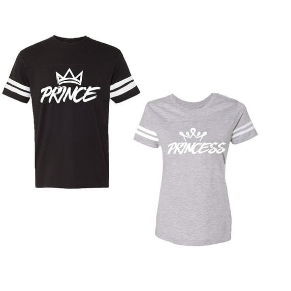 Prince & Princess Unisex Couple Matching Cotton Jersey style T-Shirt Contrasting stripes on sleeves (Men Black / Women Heather) (Men M / Women XL)