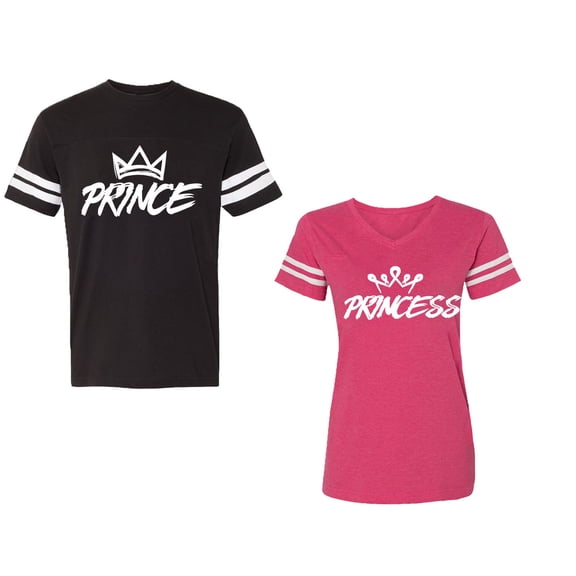 Prince & Princess Unisex Couple Matching Cotton Jersey style T-Shirt Contrasting stripes on sleeves (Men Black / Women Pink) (Men S / Women XL)