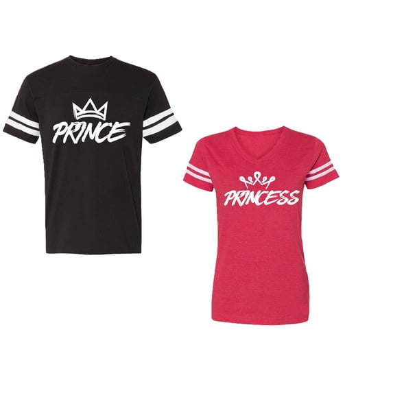 Prince & Princess Unisex Couple Matching Cotton Jersey style T-Shirt Contrasting stripes on sleeves (Men Black / Women Red) (Men L / Women XL)