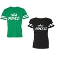 thumbnail image 1 of Prince & Princess Unisex Couple Matching Cotton Jersey style T-Shirt Contrasting stripes on sleeves (Men Green / Women Black) (Men S / Women S), 1 of 3