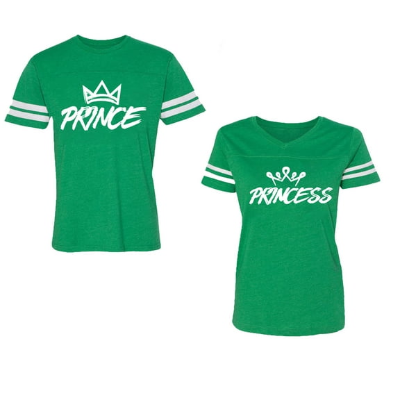 Prince & Princess Unisex Couple Matching Cotton Jersey style T-Shirt Contrasting stripes on sleeves (Men Green / Women Green) (Men M / Women S)