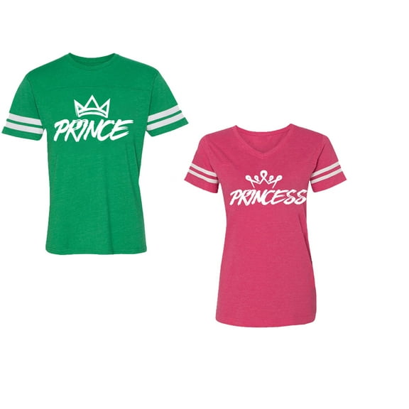 Prince & Princess Unisex Couple Matching Cotton Jersey style T-Shirt Contrasting stripes on sleeves (Men Green / Women Pink) (Men L / Women S)