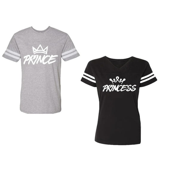 Prince & Princess Unisex Couple Matching Cotton Jersey style T-Shirt Contrasting stripes on sleeves (Men Heather / Women Black) (Men XL / Women S)