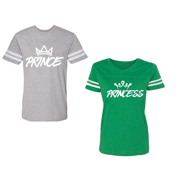 Prince & Princess Unisex Couple Matching Cotton Jersey style T-Shirt Contrasting stripes on sleeves (Men Heather / Women Green) (Men XL / Women XL)