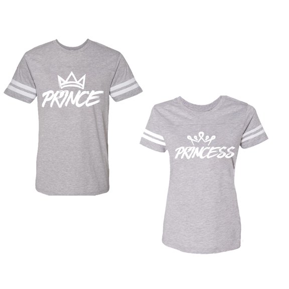 Prince & Princess Unisex Couple Matching Cotton Jersey style T-Shirt Contrasting stripes on sleeves (Men Heather / Women Heather) (Men M / Women L)