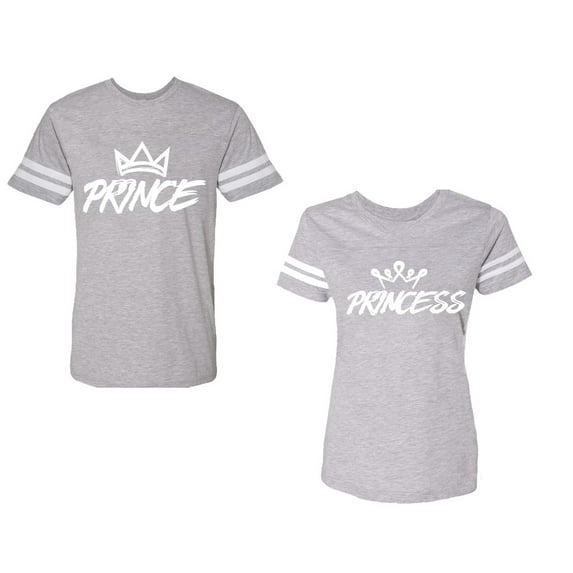 Prince & Princess Unisex Couple Matching Cotton Jersey style T-Shirt Contrasting stripes on sleeves (Men Heather / Women Heather) (Men XXL / Women M)