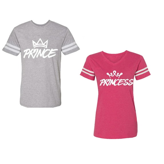 Prince & Princess Unisex Couple Matching Cotton Jersey style T-Shirt Contrasting stripes on sleeves (Men Heather / Women Pink) (Men S / Women M)
