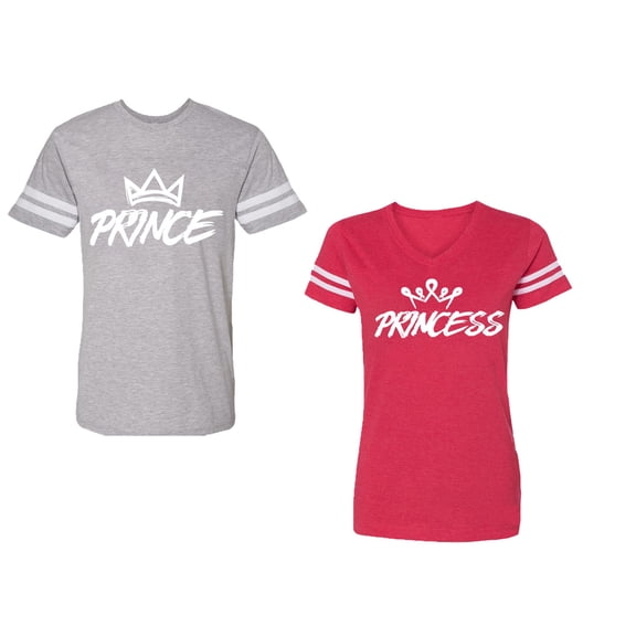 Prince & Princess Unisex Couple Matching Cotton Jersey style T-Shirt Contrasting stripes on sleeves (Men Heather / Women Red) (Men S / Women XXL)