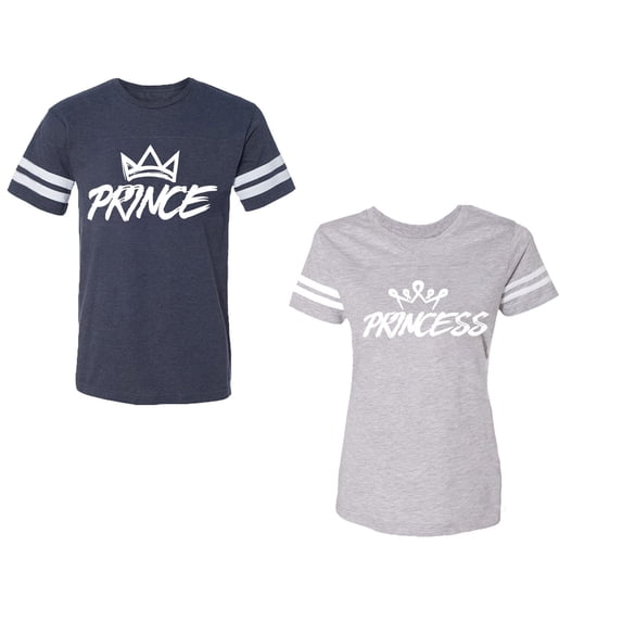 Prince & Princess Unisex Couple Matching Cotton Jersey style T-Shirt Contrasting stripes on sleeves (Men Navy / Women Heather) (Men XXXL / Women XXL)