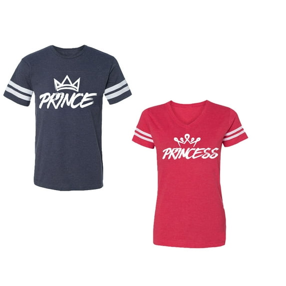 Prince & Princess Unisex Couple Matching Cotton Jersey style T-Shirt Contrasting stripes on sleeves (Men Navy / Women Red) (Men L / Women XXL)