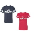 thumbnail image 1 of Prince & Princess Unisex Couple Matching Cotton Jersey style T-Shirt Contrasting stripes on sleeves (Men Navy / Women Red) (Men S / Women XL), 1 of 3
