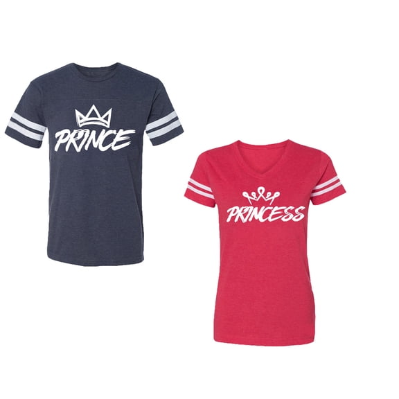 Prince & Princess Unisex Couple Matching Cotton Jersey style T-Shirt Contrasting stripes on sleeves (Men Navy / Women Red) (Men XXL / Women XXL)