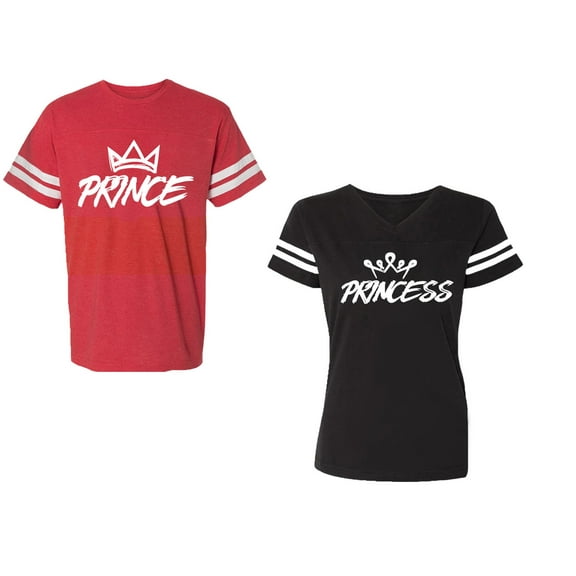 Prince & Princess Unisex Couple Matching Cotton Jersey style T-Shirt Contrasting stripes on sleeves (Men Red / Women Black) (Men XL / Women M)