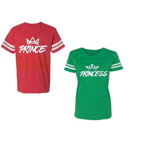 Prince & Princess Unisex Couple Matching Cotton Jersey style T-Shirt Contrasting stripes on sleeves (Men Red / Women Green) (Men M / Women XXL)