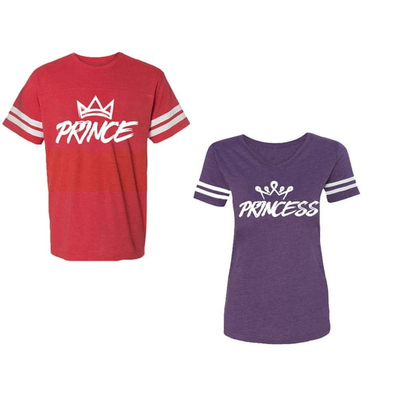 Prince & Princess Unisex Couple Matching Cotton Jersey style T-Shirt Contrasting stripes on sleeves (Men Red / Women Purple) (Men L / Women L)