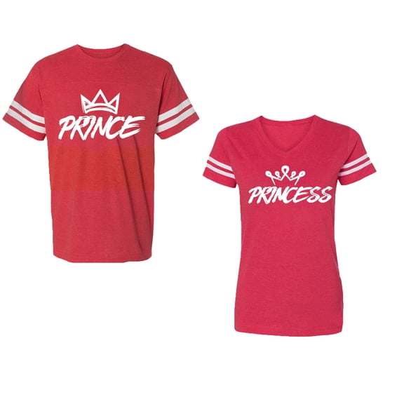 Prince & Princess Unisex Couple Matching Cotton Jersey style T-Shirt Contrasting stripes on sleeves (Men Red / Women Red) (Men L / Women L)