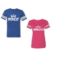 thumbnail image 1 of Prince & Princess Unisex Couple Matching Cotton Jersey style T-Shirt Contrasting stripes on sleeves (Men Royal / Women Pink) (Men S / Women XXL), 1 of 3