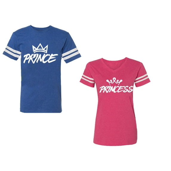 Prince & Princess Unisex Couple Matching Cotton Jersey style T-Shirt Contrasting stripes on sleeves (Men Royal / Women Pink) (Men S / Women XXL)