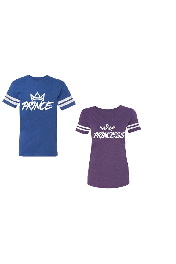 Prince & Princess Unisex Couple Matching Cotton Jersey style T-Shirt Contrasting stripes on sleeves (Men Royal / Women Purple) (Men XL / Women XL)