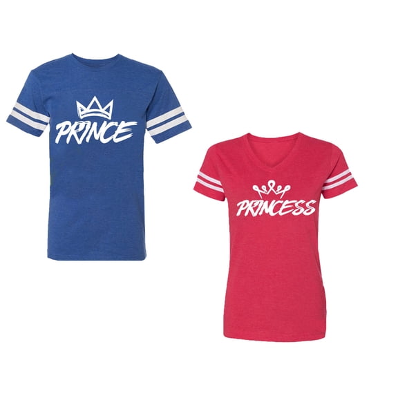 Prince & Princess Unisex Couple Matching Cotton Jersey style T-Shirt Contrasting stripes on sleeves (Men Royal / Women Red) (Men XXL / Women S)