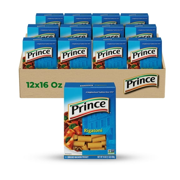 Prince Rigatoni Classic Italian Pasta with Ridged Tubes (12-Pack, 16 oz Each) A hearty, tube-shaped pasta with ridges, ideal for holding rich sauces, meaty rag, and baked pasta dishes.