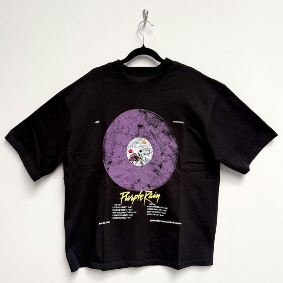 Prince Unisex Oversized Boxy T-Shirt Purple Rain Disc (Black) (X-Large)