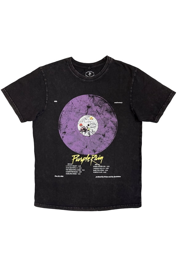 Prince Unisex Stone Wash T-Shirt Purple Rain Disc (Black) (X-Large)
