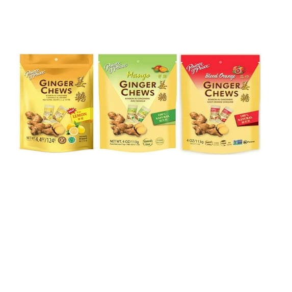 Prince of Peace Ginger Chews 3 Flavor Variety Pack - 4 oz each - Lemon, Mango & Blood Orange - 100% Natural, Gluten Free
