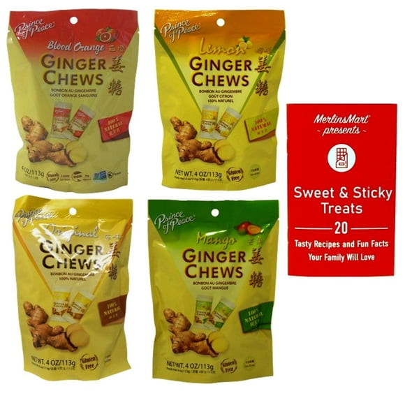 Prince of Peace Ginger Chews 4 Flavors (1) Each: Original, Lemon, Blood Orange, Mango + MerlinsMart Zine