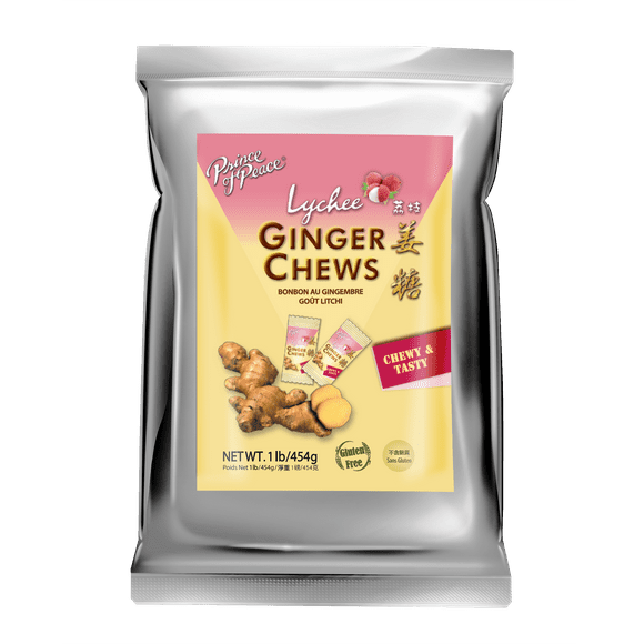 Prince of Peace Ginger Chews with Lychee, 1 lb.  Candied Ginger  Lychee Flavored Candy  Lychee Ginger Chews