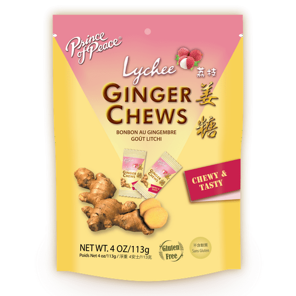 Prince of Peace Ginger Chews with Lychee, 4 oz.  Candied Ginger  Lychee Flavored Candy  Lychee Ginger Chews